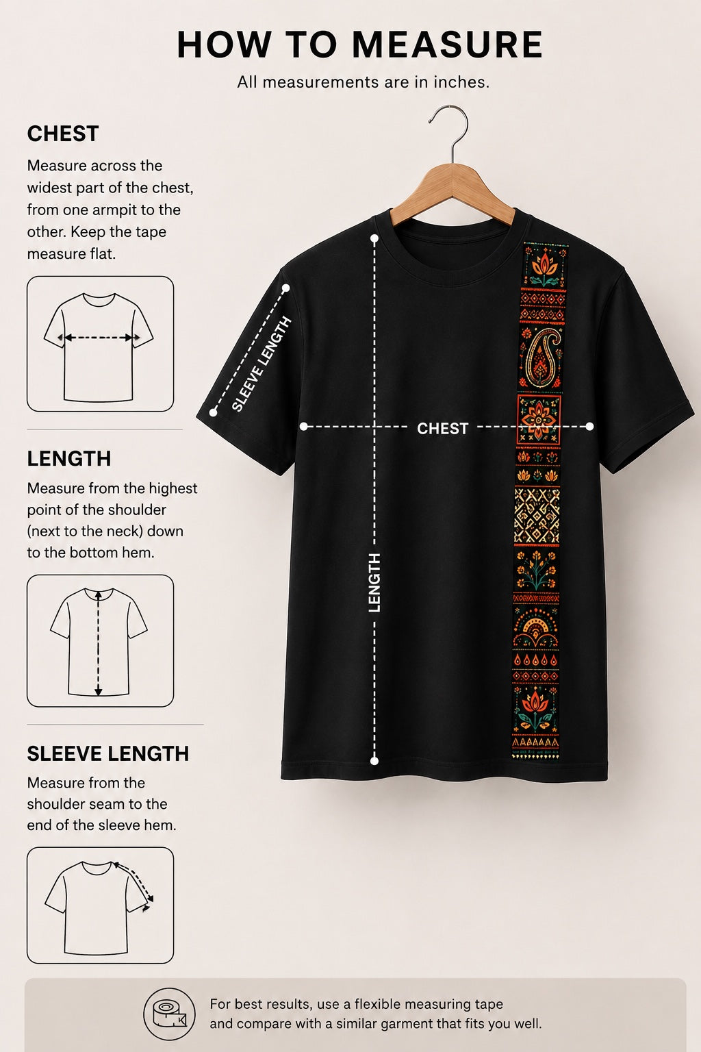 Diagram showing how to measure chest, length and sleeve length on a t-shirt
